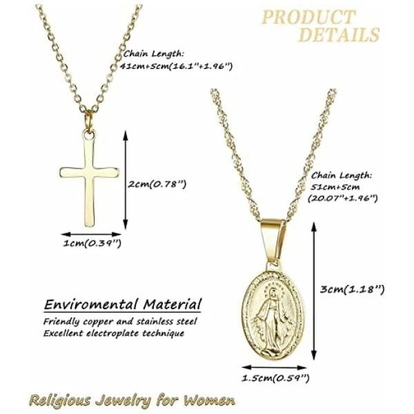 Collier Chrétien Plaqué Or 14 Carats Bijoux Collier Pendentif Vierge Marie Chrétiens Catholiques Collier Croix pour Femme Ensemble Collier Multicouche – Image 2