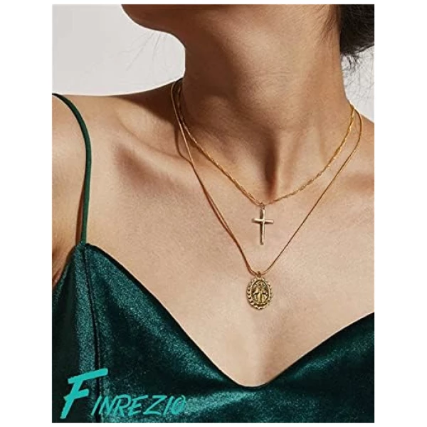 Collier Chrétien Plaqué Or 14 Carats Bijoux Collier Pendentif Vierge Marie Chrétiens Catholiques Collier Croix pour Femme Ensemble Collier Multicouche – Image 4