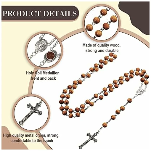 Collier Chapelet de Perles en Bois d'Olivier Collier Pendentif de Croix Collier Religieux Catholique de Prière Chaîne de Chapelet de Baptême de Prière Sacrée avec Médaille Crucifix Argent – Image 3