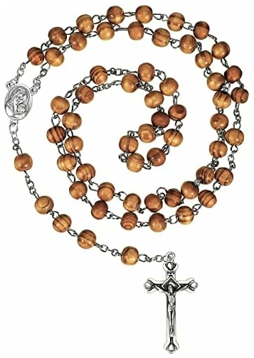 Collier Chapelet de Perles en Bois d'Olivier Collier Pendentif de Croix Collier Religieux Catholique de Prière Chaîne de Chapelet de Baptême de Prière Sacrée avec Médaille Crucifix Argent