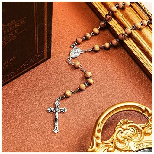 Collier Chapelet de Perles en Bois d'Olivier Collier Pendentif de Croix Collier Religieux Catholique de Prière Chaîne de Chapelet de Baptême de Prière Sacrée avec Médaille Crucifix Argent – Image 7