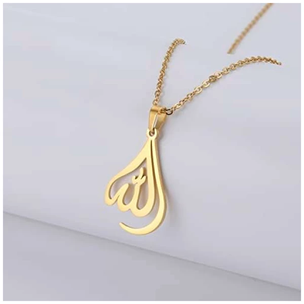 Colliers Pour Femmes En Acier Inoxydable Charme Goutte D'eau Coeur Forme Allah Pendentif Double Couche Collier Bijoux Islamiques – Image 3