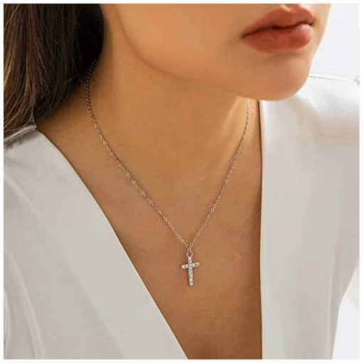 Croix collier simple petit pendentif croix collier femme fille bijoux cadeau (Argent) – Image 2