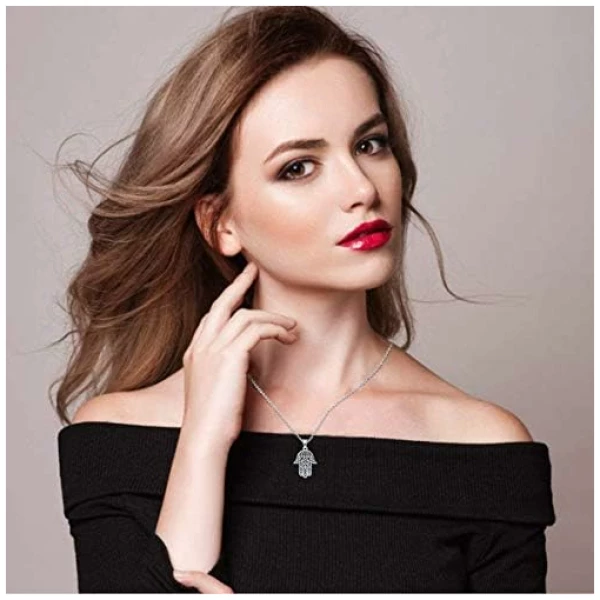 Collier Main Fatma, Pendentif Hamsa en Argent Sterling 925 Pendentif Main Fatima Vintage Evil Eye Charme Lotus Sacré Bijoux Amulette, Cadeaux pour Femme Maman – Image 2