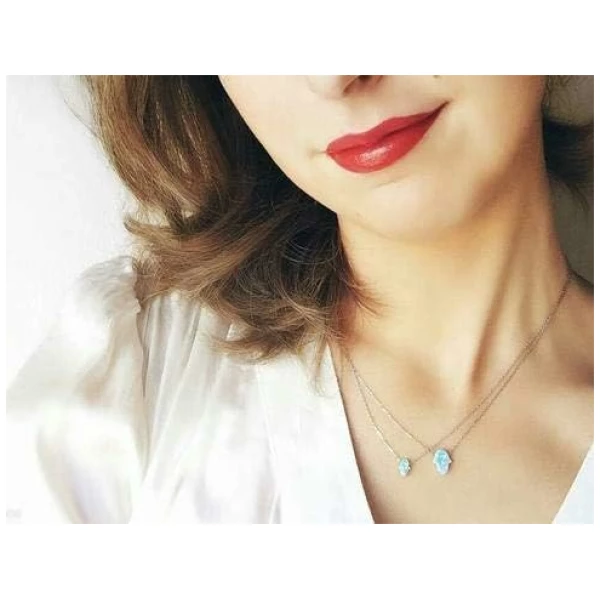 Collier avec pendentif en forme de main de Fatma, en argent sterling 925 et opale synthétique Longueur 40 cm + 5 cm réglable – Image 3