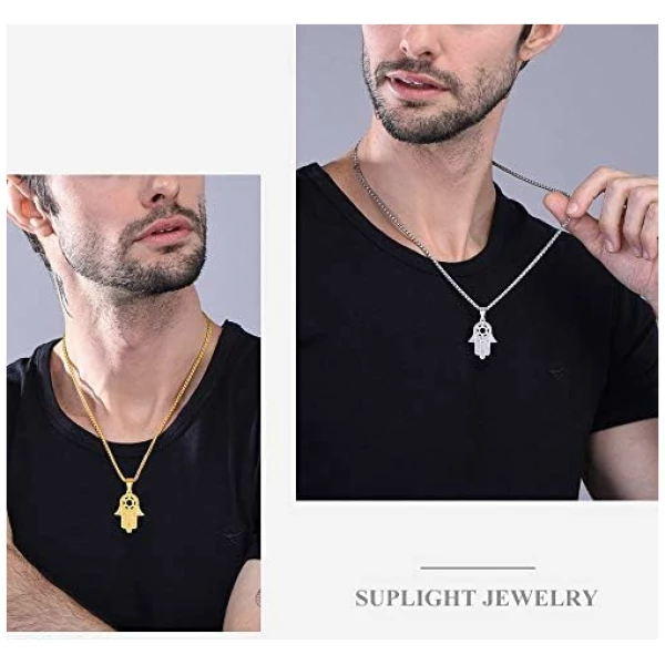 Collier Main de Fatima pour Femme Homme Chaîne Pendentif Hamsa en Argent 925/Plaqué Or/Acier INOX Bijou Amulette Protection Cadeau Parfait – Image 2
