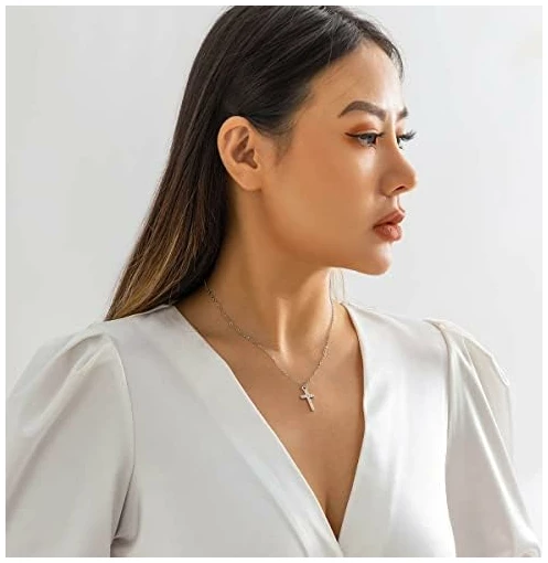 Croix collier simple petit pendentif croix collier femme fille bijoux cadeau (Argent) – Image 3