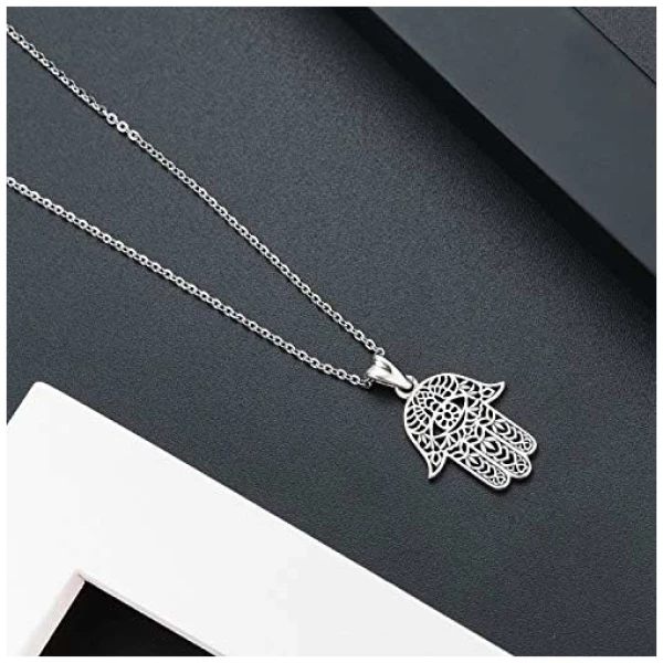 Collier Main Fatma, Pendentif Hamsa en Argent Sterling 925 Pendentif Main Fatima Vintage Evil Eye Charme Lotus Sacré Bijoux Amulette, Cadeaux pour Femme Maman – Image 8