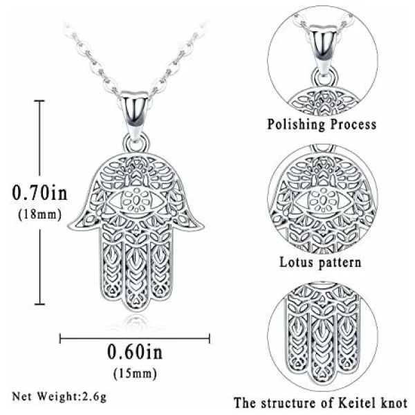 Collier Main Fatma, Pendentif Hamsa en Argent Sterling 925 Pendentif Main Fatima Vintage Evil Eye Charme Lotus Sacré Bijoux Amulette, Cadeaux pour Femme Maman – Image 5