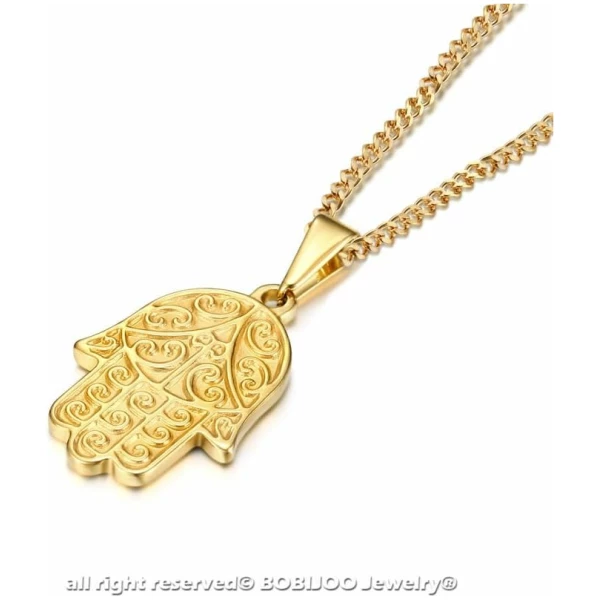 Pendentif Main de Fatma Marie Fatima Collier Protection Acier Inoxydable Or Doré Plaqué Chaîne – Image 3