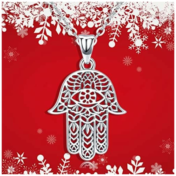Collier Main Fatma, Pendentif Hamsa en Argent Sterling 925 Pendentif Main Fatima Vintage Evil Eye Charme Lotus Sacré Bijoux Amulette, Cadeaux pour Femme Maman – Image 6
