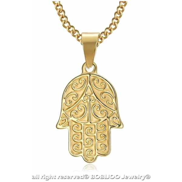 Pendentif Main de Fatma Marie Fatima Collier Protection Acier Inoxydable Or Doré Plaqué Chaîne – Image 2