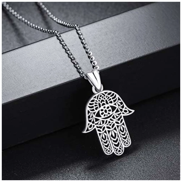 Collier Main Fatma, Pendentif Hamsa en Argent Sterling 925 Pendentif Main Fatima Vintage Evil Eye Charme Lotus Sacré Bijoux Amulette, Cadeaux pour Femme Maman – Image 3