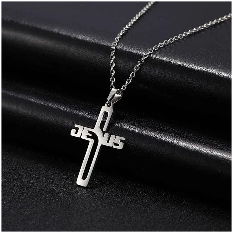 Collier avec pendentif en forme de croix pour homme et femme - Chaîne en acier inoxydable - Bijoux religieux chrétiens – Image 6