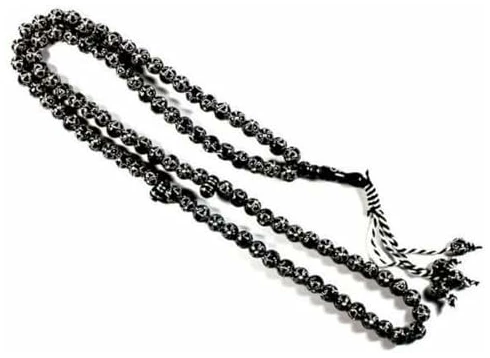 Chapelet de priére Noir Motifs argentés Tasbih Sabha Islam Islamique 99 perles Sebha musulman Misbaha Collier de priere musulmane