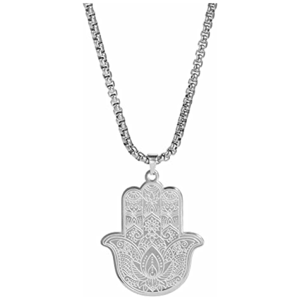 Collier avec pendentif main de Fatima Hamsa et main de Fatma - Collier vintage en acier inoxydable - Amulette de protection - Talisman - Cadeau pour homme et femme