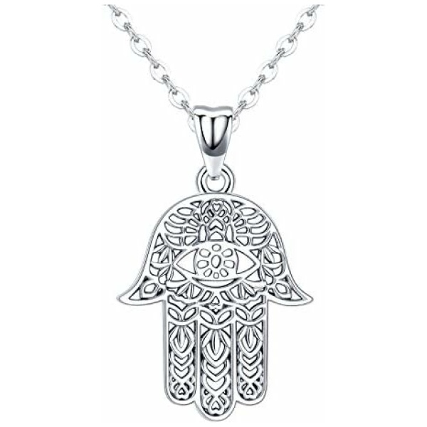 Friggem Collier Main Fatma, Pendentif Hamsa en Argent Sterling 925 Pendentif Main Fatima Vintage Evil Eye Charme Lotus Sacré Bijoux Amulette, Cadeaux pour Femme Maman