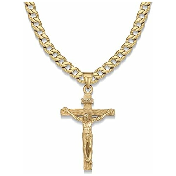 Jewow Acier Inoxydable Jésus Christ Croix Collier Pendentif pour Homme 7mm Largeur Chaîne