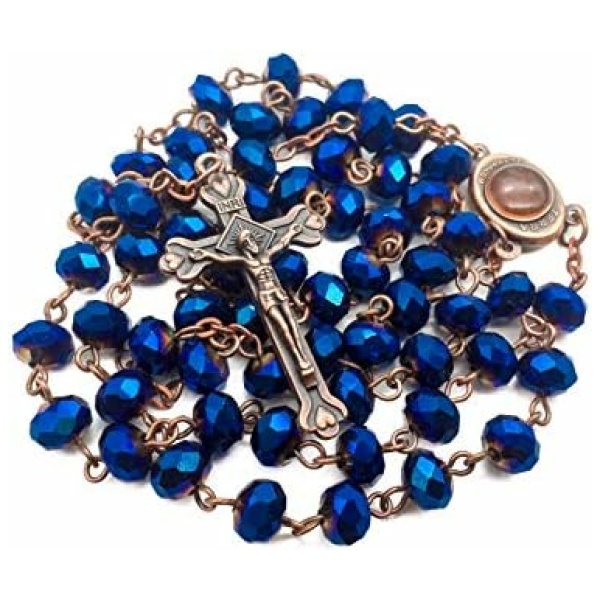 Nazareth Store Perles de Cristal Bleu Profond Chapelet Collier catholique Sol sacré médaille Croix Crucifix Antique Design Chapelet en Sac de Velours