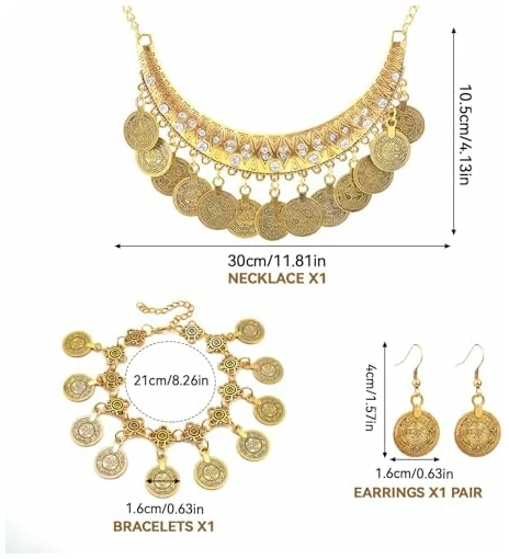 Lot de 4 bijoux de diseuse de bonne aventure indien - Accessoires de costume gitane - Chaînes dorées - Ensemble de bijoux de danse du ventre pour femme - Pour fête à thème, carnaval, Alliage de – Image 2