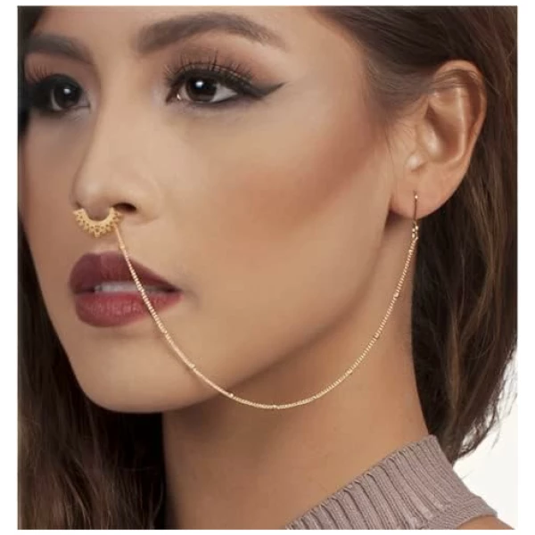 Traditional Indian Style Gold Tone Chain Nose Anneau Nath Hoop Accessoires Bijoux Cadeau pour Les Femmes (Or) – Image 3