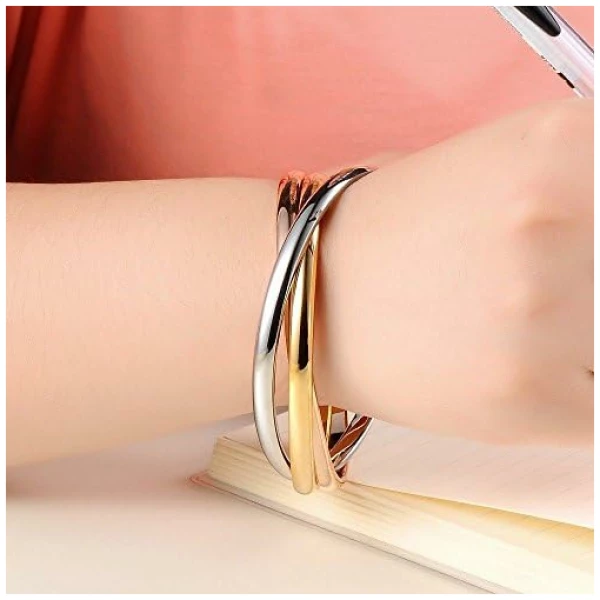 Bracelet pour femme en acier inoxydable tricolore avec 3 anneaux fermés or rose, or et argent Bracelet avec pochette à bijoux – Image 4