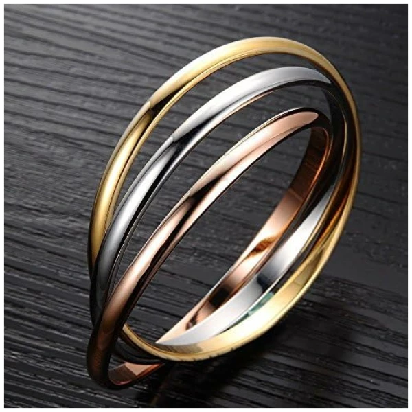 Bracelet pour femme en acier inoxydable tricolore avec 3 anneaux fermés or rose, or et argent Bracelet avec pochette à bijoux – Image 2