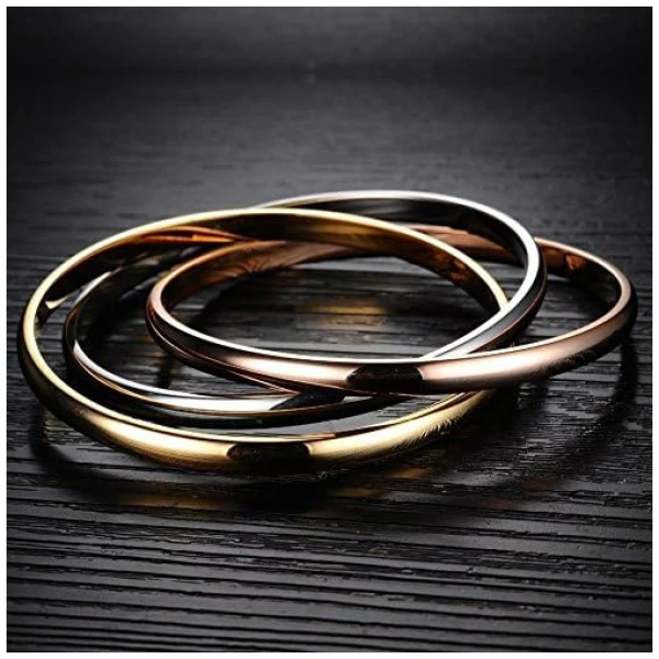 Bracelet pour femme en acier inoxydable tricolore avec 3 anneaux fermés or rose, or et argent Bracelet avec pochette à bijoux – Image 3