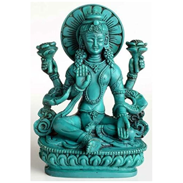 Statue Hindouiste - Lakshmi - 14 cm de haut, résine, couleur turquoise