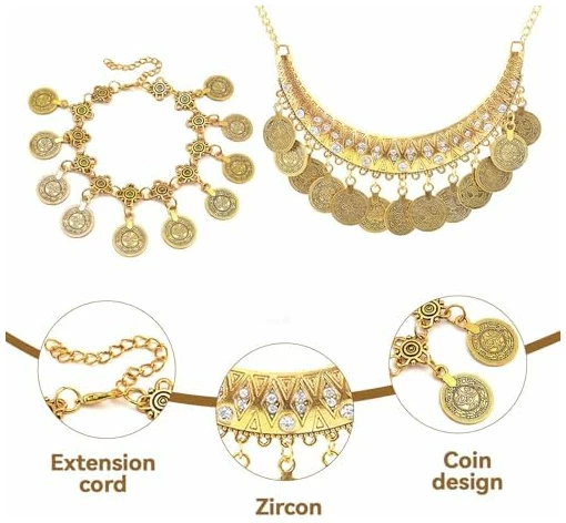 Lot de 4 bijoux de diseuse de bonne aventure indien - Accessoires de costume gitane - Chaînes dorées - Ensemble de bijoux de danse du ventre pour femme - Pour fête à thème, carnaval, Alliage de – Image 3