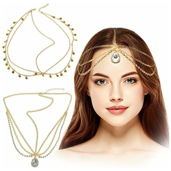 Bijoux de Tete, RosyFate 2 Pcs Chaîne de Tête Dorée, Accessoires de Cheveux pour Les Femmes, avec Paillettes Et Pendentif, Bandeau Boheme, pour Femmes et Adolescentes Cadeaux