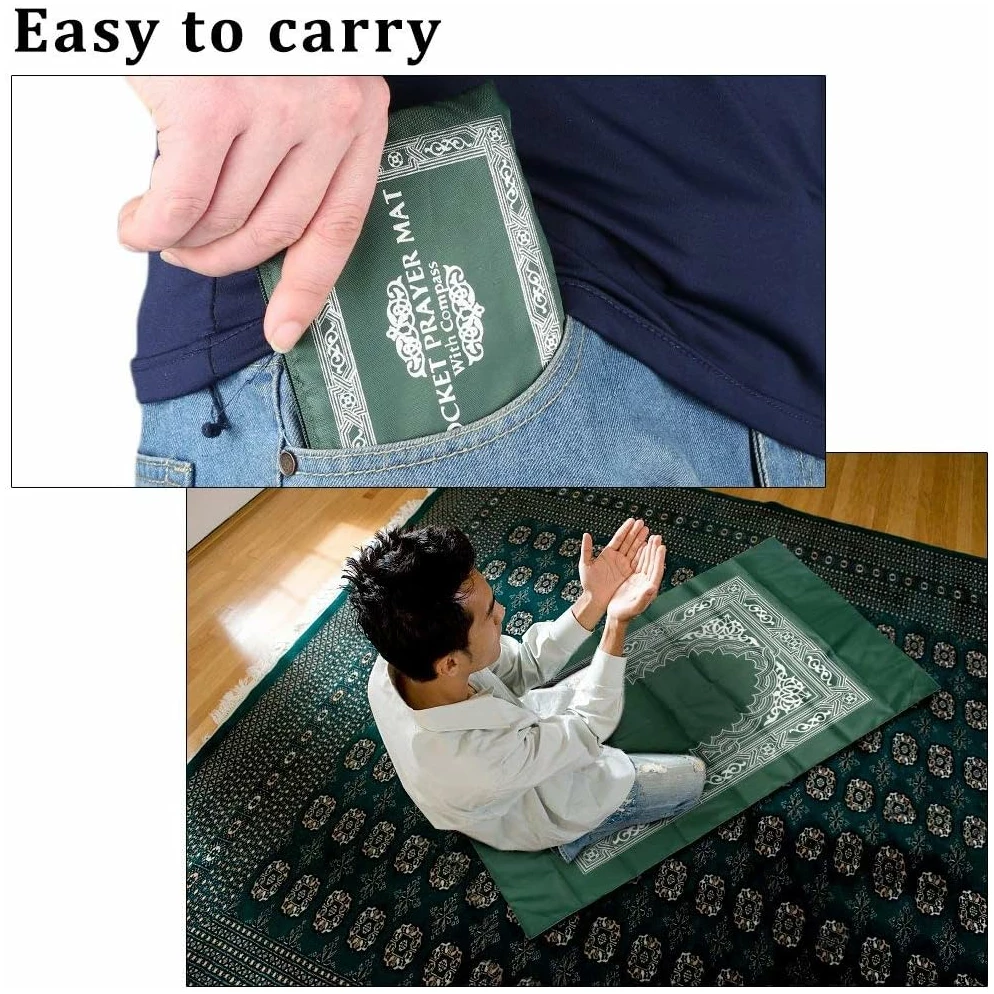 Tapis de Priere de Poche,Tapis de Priere Islamique, de Voyage avec Boussole et Sac de Transport, en Polyester Etanche 60 x 100cm – Image 4