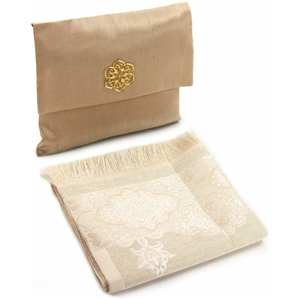 Tapis de prière Musulman et Perles avec Un Sac élégant en Tissu Slub | Janamaz | Sajadah | Soft Islamic Prayer Tapis | Cadeaux islamiques | Tissu Taffetas, Or