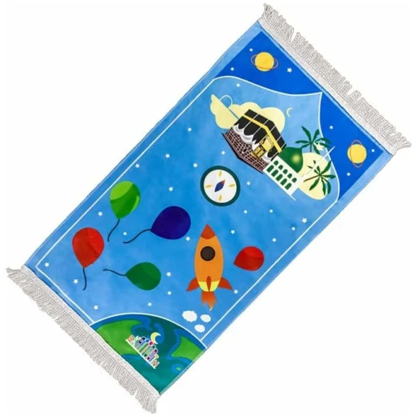 Tapis de prière pour enfants musulman, tapis de prière à pampilles de dessin animé, tapis de prière musulman islamique Janamaz Sajadah, cadeau Salah Ramadan Eid pour garçons/filles.-Blue Rocket