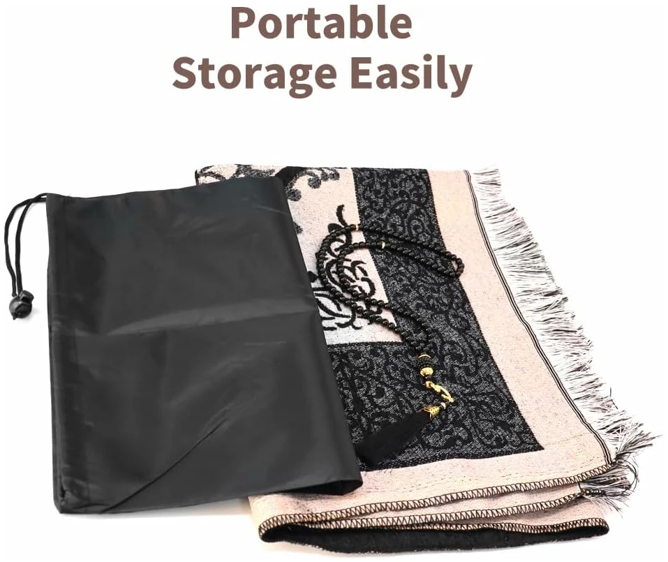 Tapis de Prière Musulman 70×110cm avec Chapelet et Sac à Cordon | Janamaz | Sajadah | Doux Portable Tapis de Prière Islamique Musulman avec Pochette, Cadeau de Prière Ramadan - Noir – Image 6