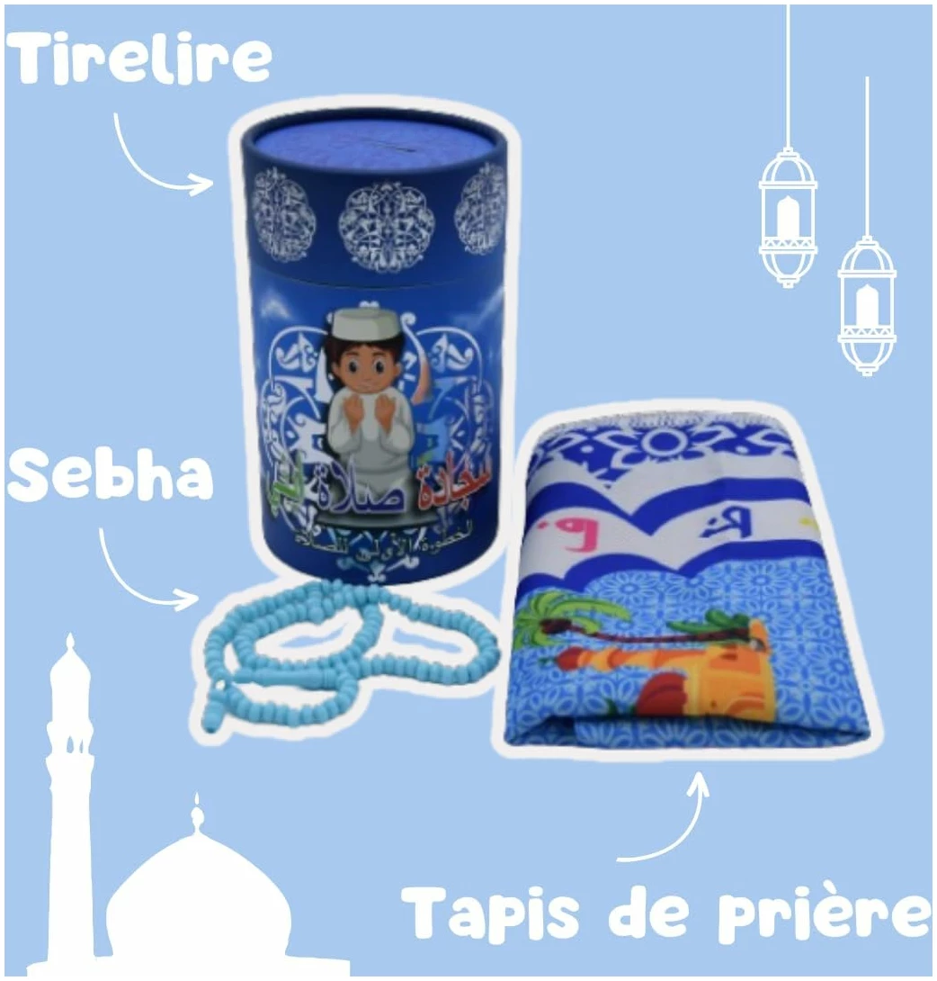 Tapis de priere Musulman Enfant avec tasbih Musulman Tapis priere Enfant Tapis priere Musulman Tapis de prière Coffret Islam Ramadam Eid Moubarak (Bleu (Arabe)) – Image 2