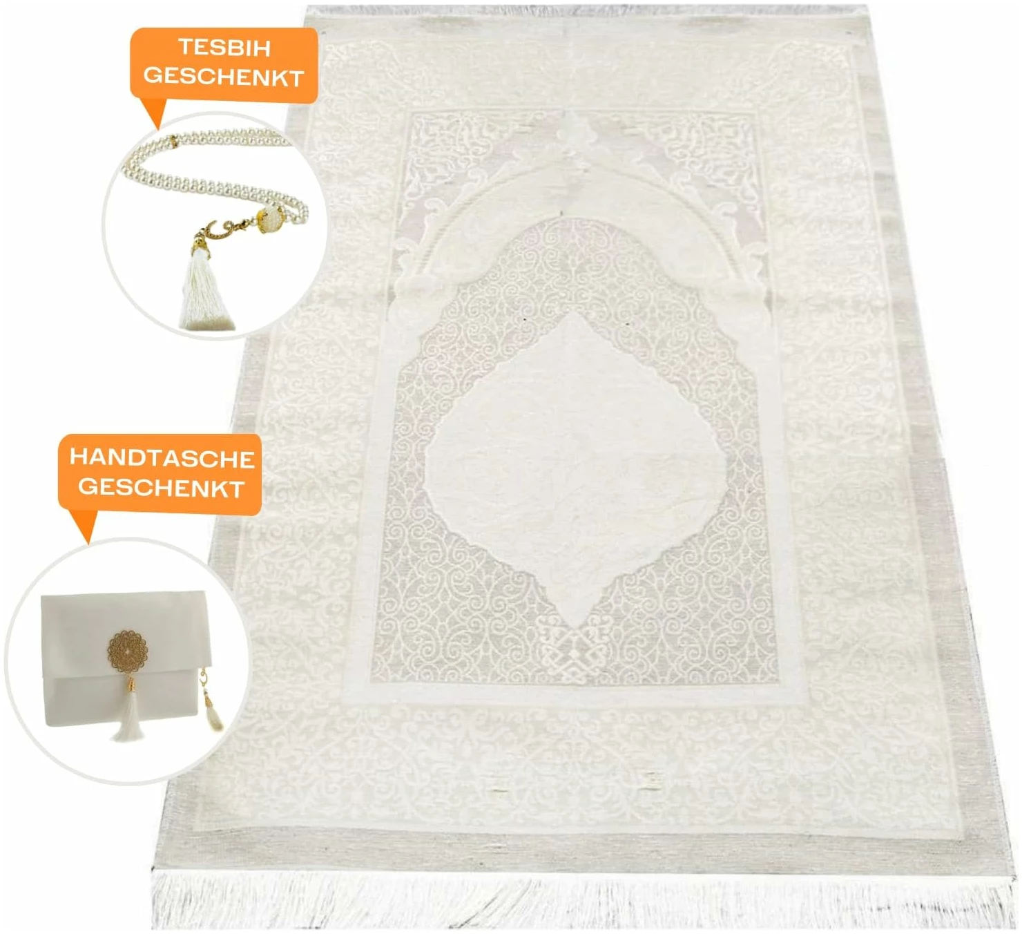 Tapis De Priere Musulman avec Perles De Prière pour Femme Et Homme, Cadeaux Bayram, Ramadan, Islamique, Ensemble De Cadeau Coffret pour Seccade Namaz Islam (Couleur Crème) – Image 4