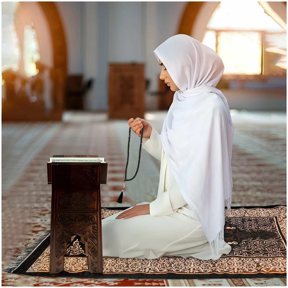 Tapis de Prière Musulman 70×110cm avec Chapelet et Sac à Cordon | Janamaz | Sajadah | Doux Portable Tapis de Prière Islamique Musulman avec Pochette, Cadeau de Prière Ramadan - Noir – Image 7