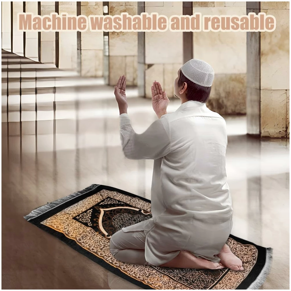 Tapis de Prière Musulman 70×110cm avec Chapelet et Sac à Cordon | Janamaz | Sajadah | Doux Portable Tapis de Prière Islamique Musulman avec Pochette, Cadeau de Prière Ramadan - Noir – Image 8