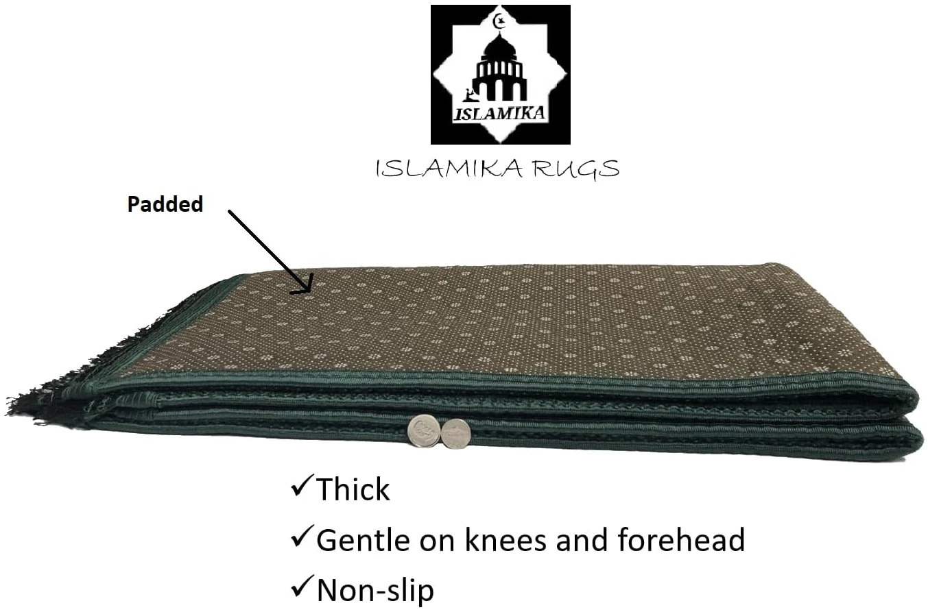 Grand tapis de prière musulman épais rembourré avec perles de prière islamiques pour l'Aïd, voyage, Ramadan, doux et luxueux, idéal pour les genoux et le front (vert) – Image 2