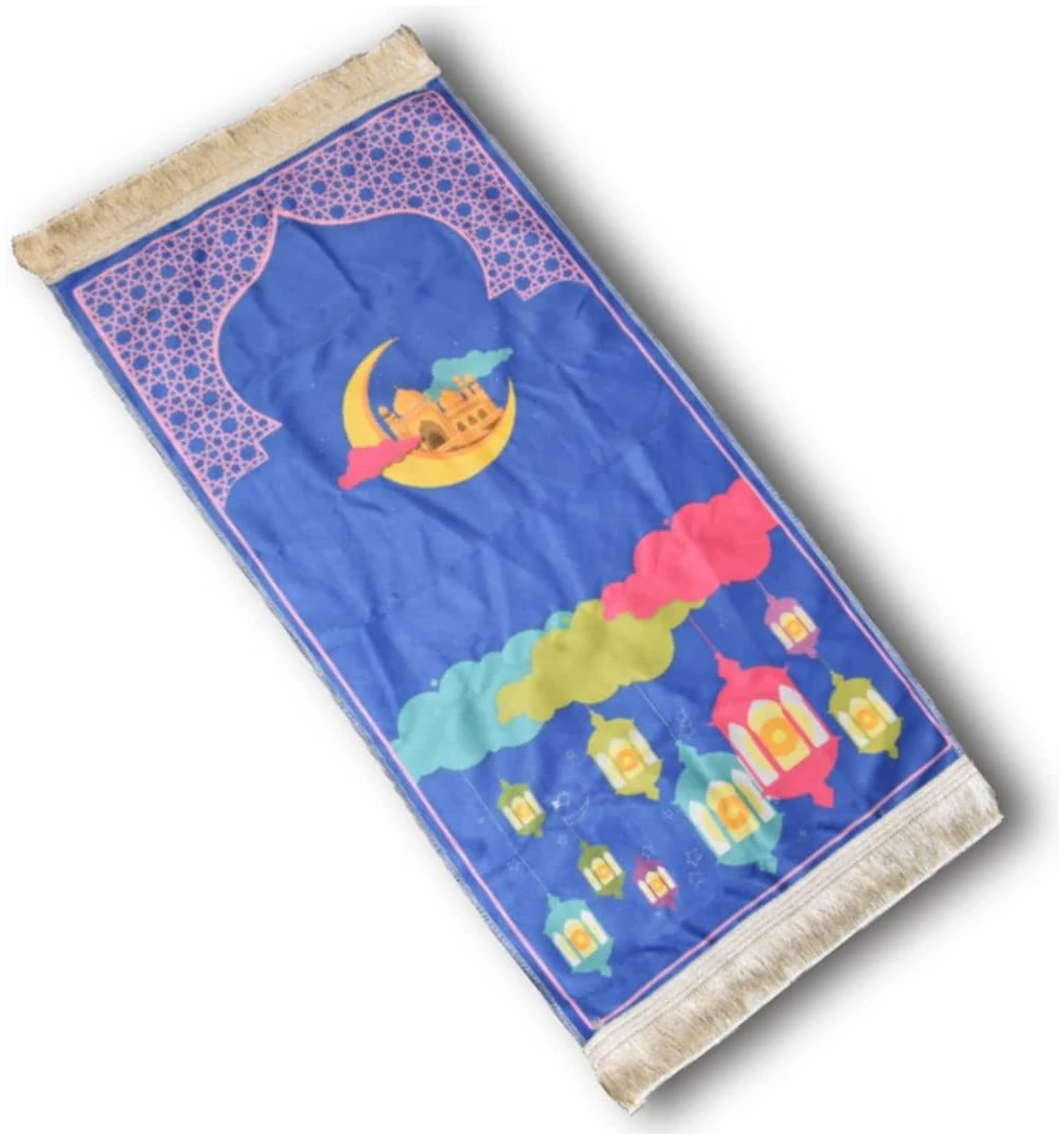 Tapis de priere Musulman Enfant avec tasbih Musulman Tapis priere Enfant Tapis priere Musulman Tapis de prière Coffret Islam Ramadam Eid Moubarak (Bleu (Arabe)) – Image 4