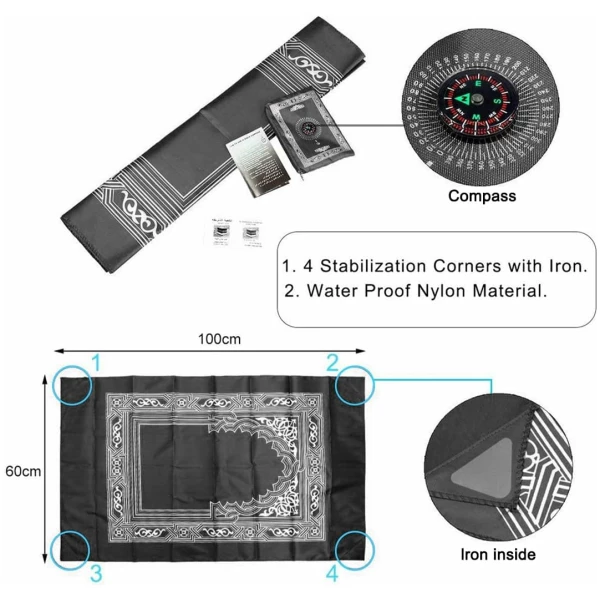 Tapis de Prière de Voyage, Tapis de Prière Musulman,Tapis de Prière Musulman,Portable Tapis de Prière de Poche avec Compass Format pour Les Prières Islamiques 100CM*60CM – Image 3