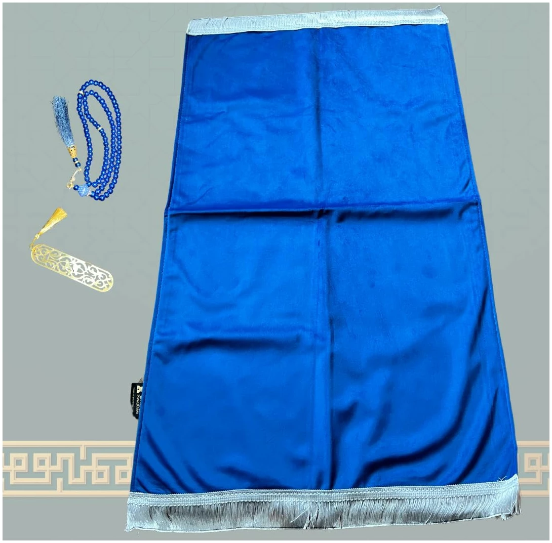 Kit Tapis de prière Musulman sans Motif + 1x chapelet + 1x Marque Page | Cadeau Musulman Islam Fille garçon | Fabriqué en Turquie (Bleu) – Image 2