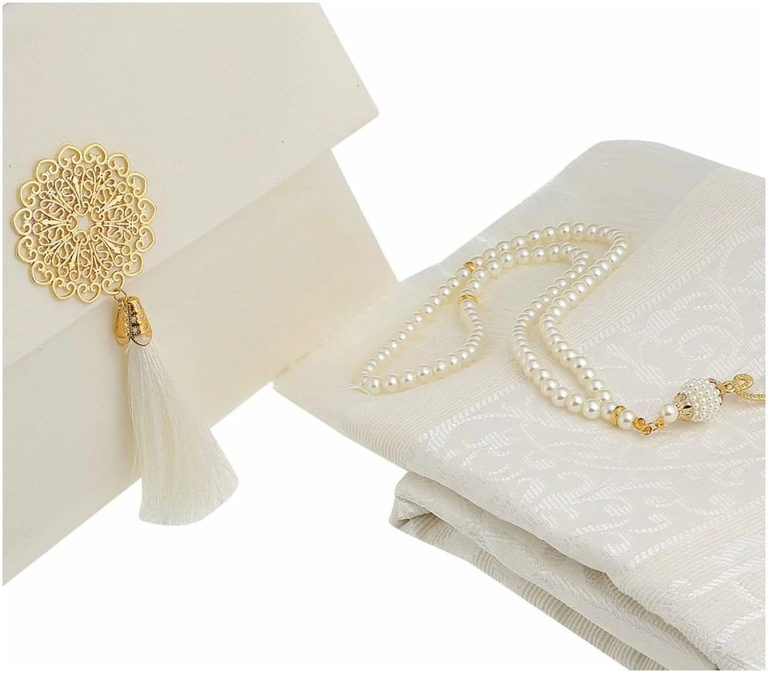 Tapis De Priere Musulman avec Perles De Prière pour Femme Et Homme, Cadeaux Bayram, Ramadan, Islamique, Ensemble De Cadeau Coffret pour Seccade Namaz Islam (Couleur Crème) – Image 3