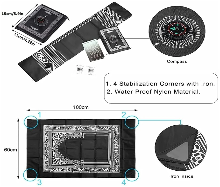 Anlising Portable Couleur Tapis, de prière Musulmane avec Compass Format de Poche Tapis de prière Ompass Qibla Finder avec livret Matière étanche(2 Paquets) – Image 3