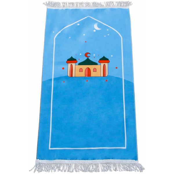 Tapis de prière islamique pour enfants - Motif dessin animé - Janamaz - Sajadah - Cadeau de salah, Ramadan et l'Aïd pour garçons/filles (maison bleue) – Image 3