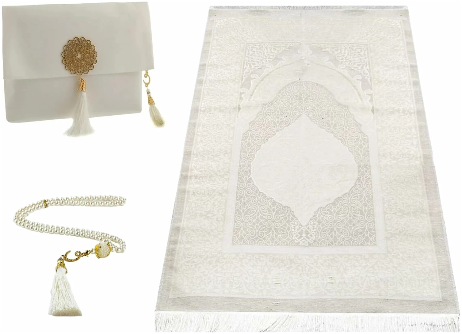 Tapis De Priere Musulman avec Perles De Prière pour Femme Et Homme, Cadeaux Bayram, Ramadan, Islamique, Ensemble De Cadeau Coffret pour Seccade Namaz Islam (Couleur Crème) – Image 6