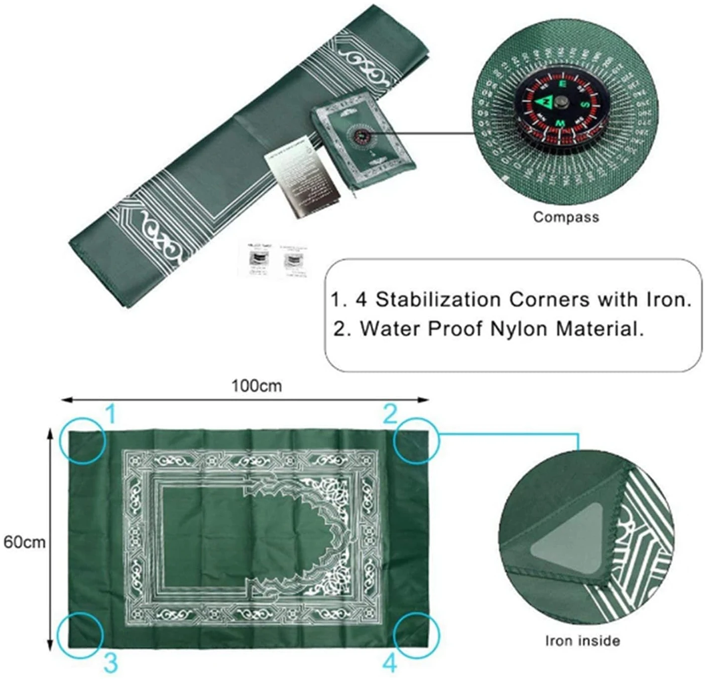 Couverture de pèlerinage imprimée Tapis de prière Tapis de prière de voyage portable grand format avec boussole Tapis musulmans Hall d'église Accessoires de culte religieux islamique Couverture – Image 5