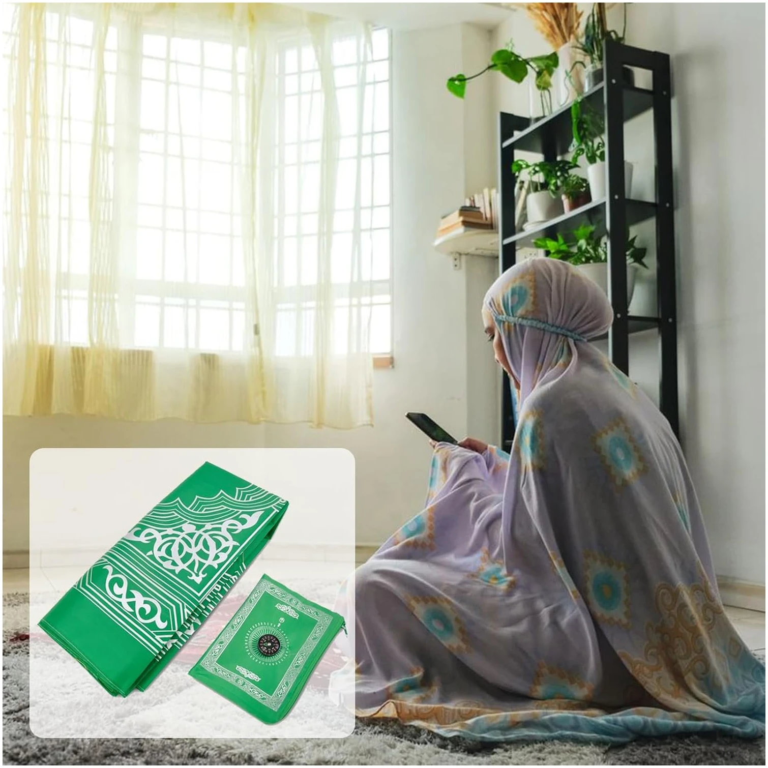 Tapis de Priere de Poche,Portable Couleur Tapis,Tapis de prière de Voyage,Tapis de Prière,Tapis de Prière Etanche avec Boussole,60 x 100cm (Vert) – Image 3