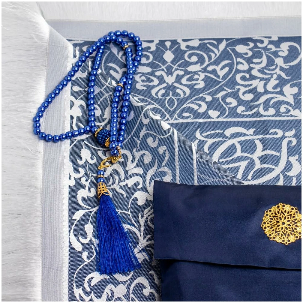 Tapis de prière au Design Turc, Perles de prière décoratives pour Le Ramadan, l'Aïd et Les Mariages (Bleu) – Image 3